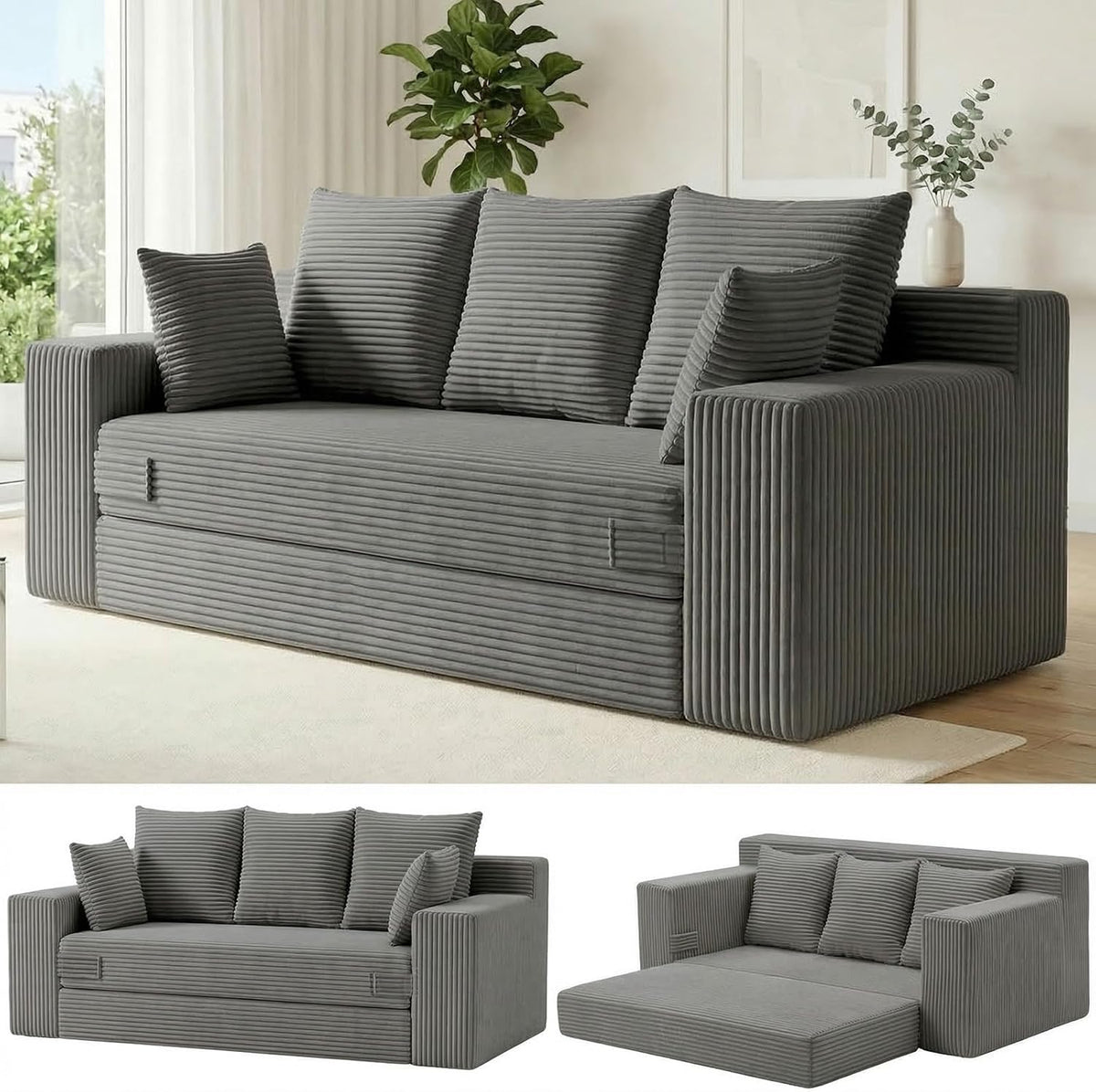 Sofá cama sin huesos para sala de estar, sofá futón convertible de 3 plazas, cómodo sofá cama extraíble con 5 almohadas y funda lavable desmontable, sofá tapizado en una caja, no requiere montaje, gris
