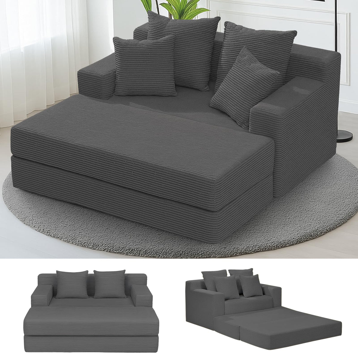 Sofá cama sin huesos para sala de estar, sofá futón convertible de 3 plazas, cómodo sofá cama extraíble con 5 almohadas y funda lavable desmontable, sofá tapizado en una caja, no requiere montaje, gris