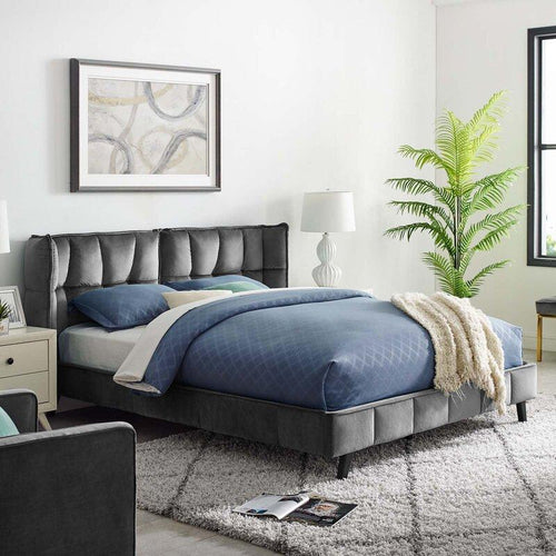 Cama Origami de la marca Hanabi Living con diseño moderno y estructura de cama en color neutro, imagen de vista superior.