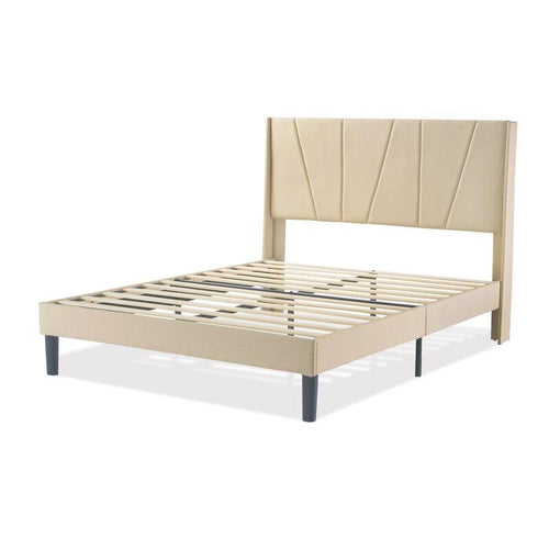 Cama Yosuba de Hanabi Living, estructura moderna en madera con colchón blanco y ropa de cama en tonos neutros.