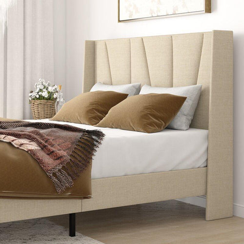 Cama Yosuba de Hanabi Living en un dormitorio moderno con cabecera de madera y ropa de cama blanca.