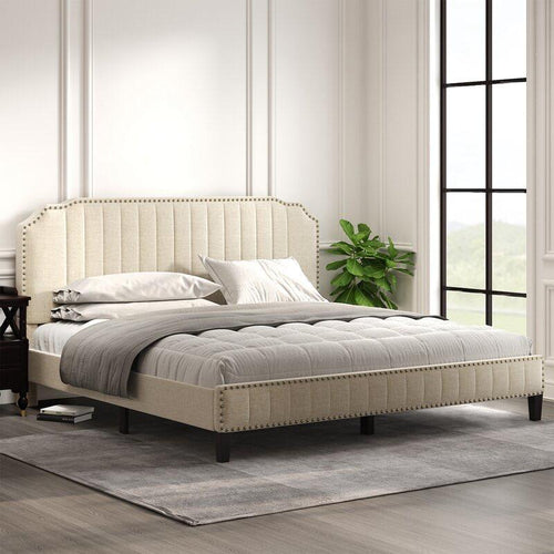 Cama Tomioka de Hanabi Living con estructura de madera y cabecera acolchada en un ambiente moderno y luminoso.
